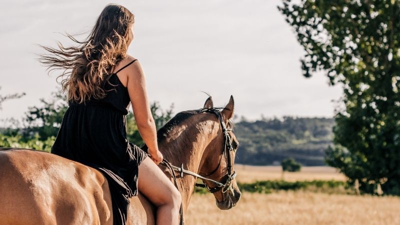 Uma garota andando a cavalo ao pôr do sol no campo